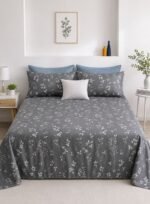 Ever Home Luxury Brushed Microfiber King Flat Sheet Set (270 x 250 CM) – Charcoal Grey White Wildflower Botanical Print with 2 Pillow Covers, Silky-Soft & Breathable Bedding