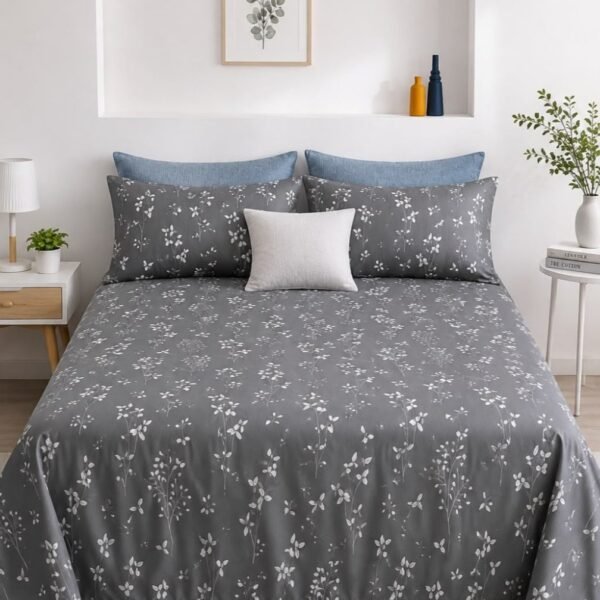 Ever Home Luxury Brushed Microfiber King Flat Sheet Set (270 x 250 CM) – Charcoal Grey White Wildflower Botanical Print with 2 Pillow Covers, Silky-Soft & Breathable Bedding