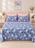 Ever Home Luxury Brushed Microfiber King Flat Sheet Set (270 x 250 CM) – Blue White Blossom Floral Print with 2 Pillow Covers, Silky-Soft & Breathable Bedding