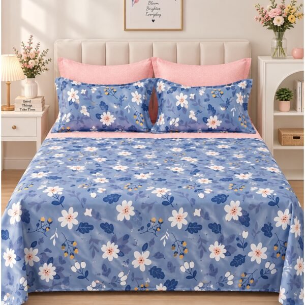 Ever Home Luxury Brushed Microfiber King Flat Sheet Set (270 x 250 CM) – Blue White Blossom Floral Print with 2 Pillow Covers, Silky-Soft & Breathable Bedding