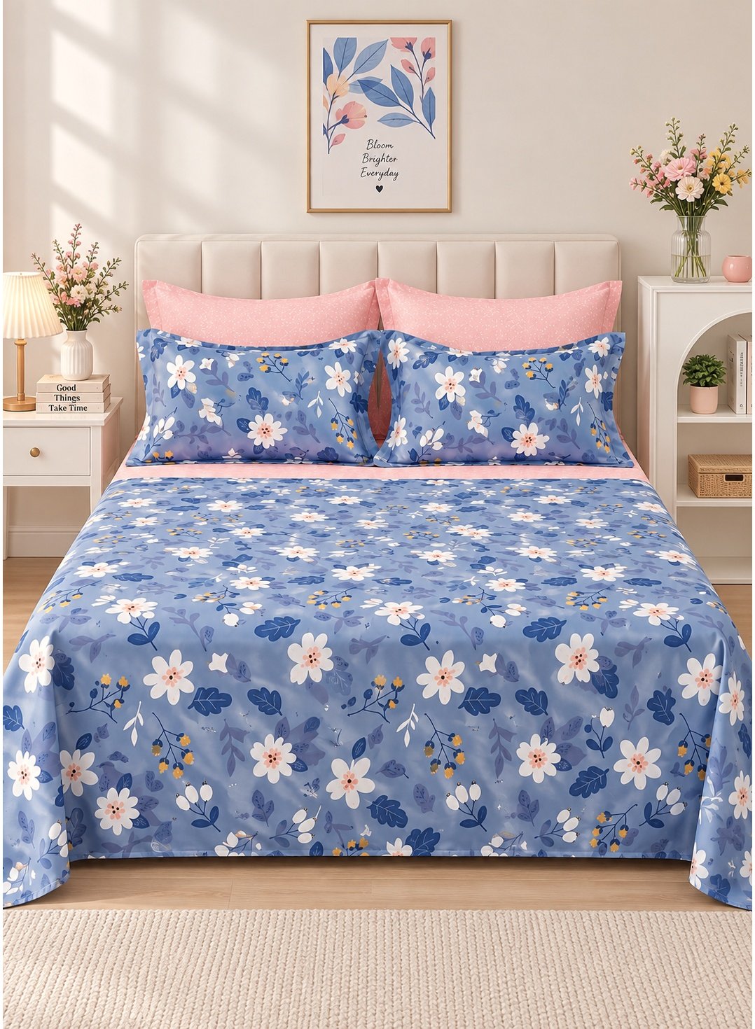 a4f0ef6a-8d3d-4737-b72e-5a34d7e88599.jpeg Ever Home Luxury Brushed Microfiber King Flat Sheet Set (270 x 250 CM) – Blue White Blossom Floral Print with 2 Pillow Covers, Silky-Soft & Breathable Bedding - Image 1