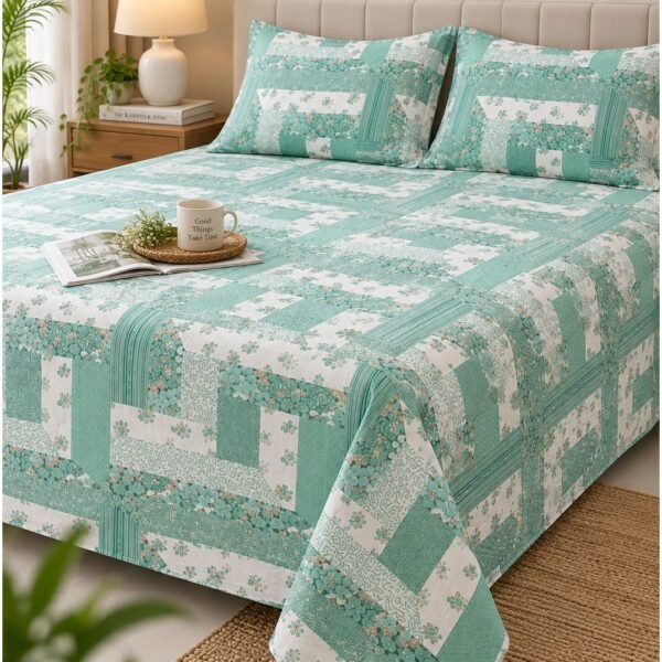 Ever Home 125 GSM Breathable Top Sheet Set/Mint Green & White Patchwork Floral Motif/Includes 2 Pillow Shams/King 270x240 CM