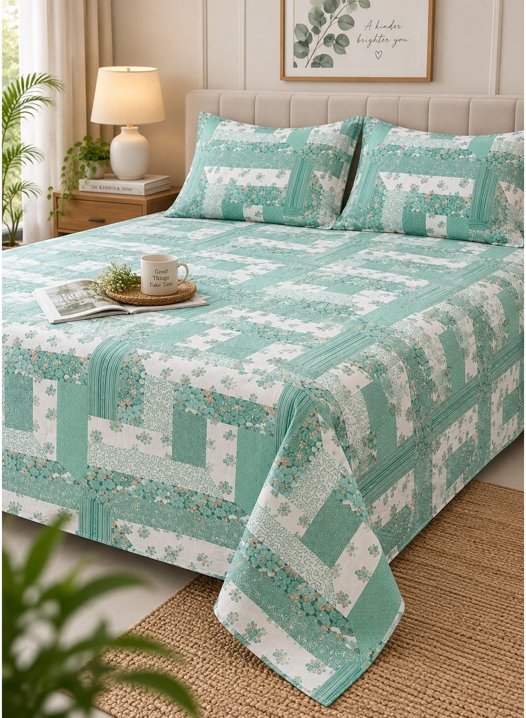 a65ad05e-96d9-4462-8e06-1185fcfd9dbc.jpeg Ever Home 125 GSM Breathable Top Sheet Set/Mint Green & White Patchwork Floral Motif/Includes 2 Pillow Shams/King 270x240 CM - Image 1