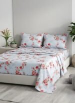 Vintage Elegance 150 GSM Microfiber King Flat Bed Sheet Set - 3-Piece Classic Floral Bedding with Red Roses on Pale Blue, Includes 1 Flat Sheet (270x250 CM) & 2 Pillowcases (50x75 CM)