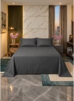 Luxury Hotel Quality King Flat Bed Sheet Set - 300 TC Feel 1cm Satin Striped Modern Dark Grey Bedding, 280x270 CM with 2 Pillowcases