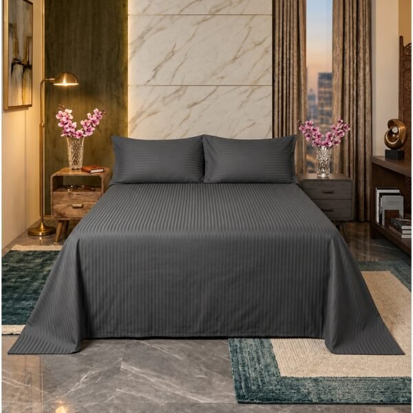 Luxury Hotel Quality King Flat Bed Sheet Set - 300 TC Feel 1cm Satin Striped Modern Dark Grey Bedding, 280x270 CM with 2 Pillowcases