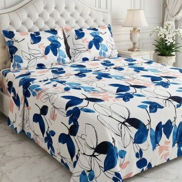 Ever Home Modern Watercolor Floral & Leaf Print Blue & Pink King Flat Bed Sheet Set, Luxury 125 GSM Soft Breathable Fabric, Designer Bedding with 2 Pillowcases, 270x240 CM