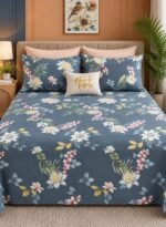 Ever Home Luxury Brushed Microfiber King Flat Sheet Set (270 x 250 CM) – Deep Blue Tropical Water Lily & Palm Leaf Print with 2 Pillow Covers, Silky-Soft & Breathable Bedding