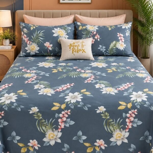 Ever Home Luxury Brushed Microfiber King Flat Sheet Set (270 x 250 CM) – Deep Blue Tropical Water Lily & Palm Leaf Print with 2 Pillow Covers, Silky-Soft & Breathable Bedding