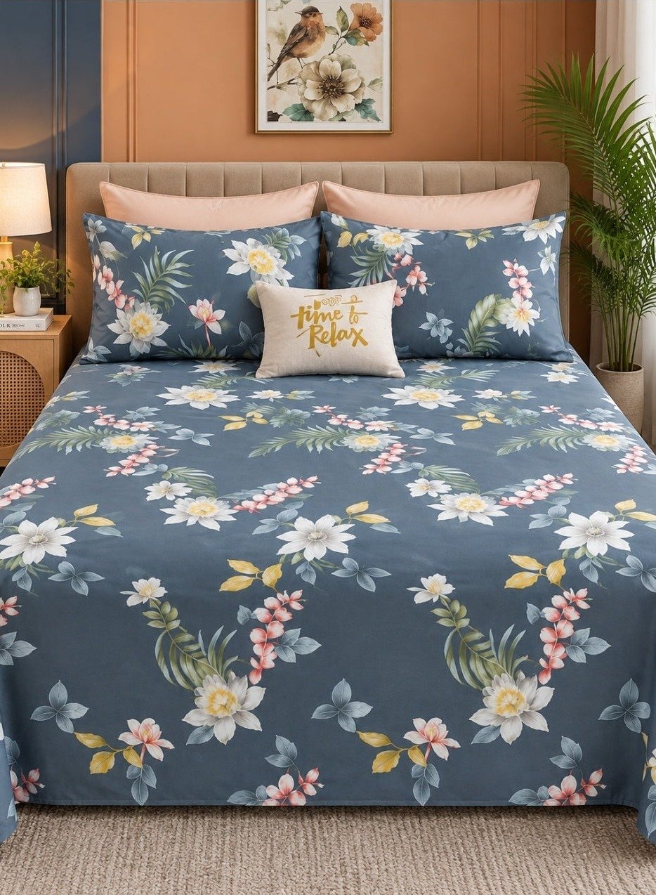 aaba1e9e-c340-4296-963c-c203243c854a.jpeg Ever Home Luxury Brushed Microfiber King Flat Sheet Set (270 x 250 CM) – Deep Blue Tropical Water Lily & Palm Leaf Print with 2 Pillow Covers, Silky-Soft & Breathable Bedding - Image 1