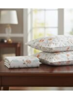 3-Piece King Size Bed Sheet Set - Premium Soft Cotton Bedding with Elegant Orange Floral Botanical Print, Includes 1 Flat Sheet & 2 Pillowcases (Cream/Orange) - Image 3