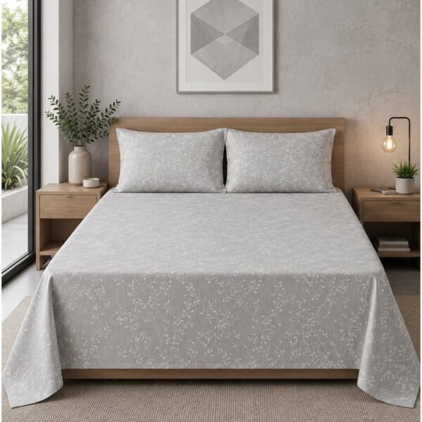 Ever Home 3-Piece Minimalist Grey Flat Sheet Set/Delicate White Twig & Vine Botanical Silhouette / 125 GSM Silk-Touch Breathable Fabric/King Size 270x240 CM with 2 Pillow Cases