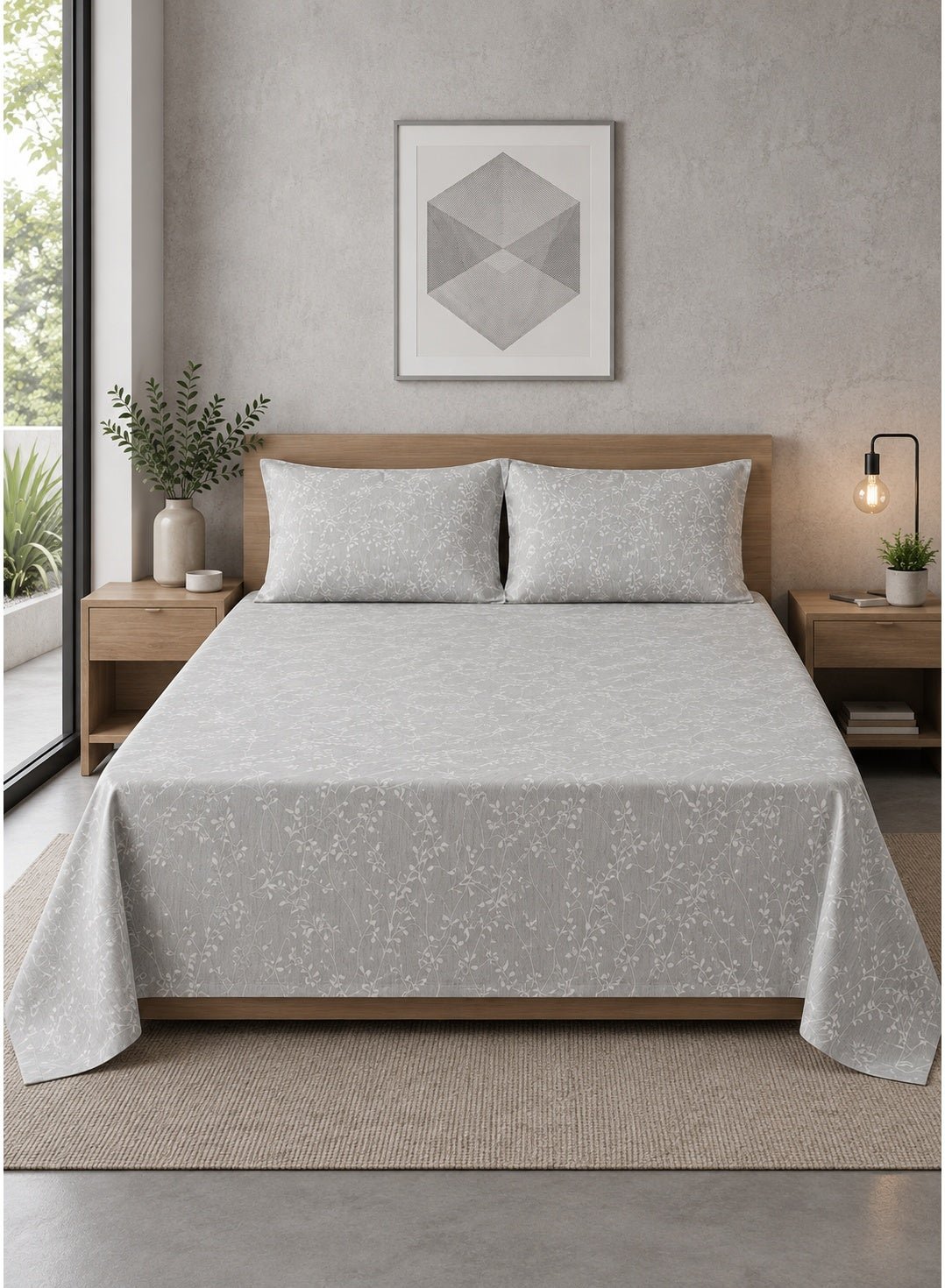 af353d60-dbf1-44d3-a022-e91e77c41c68.jpg Ever Home 3-Piece Minimalist Grey Flat Sheet Set/Delicate White Twig & Vine Botanical Silhouette / 125 GSM Silk-Touch Breathable Fabric/King Size 270x240 CM with 2 Pillow Cases - Image 1