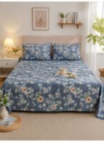 Ever Home Luxury Brushed Microfiber King Flat Sheet Set (270 x 250 CM) – Dusty Blue Floral Meadow Chevron Print with 2 Pillow Covers, Silky-Soft & Breathable Bedding - Image 2
