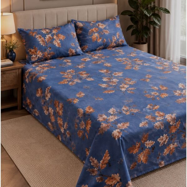 3-Piece King Size Bed Sheet Set - 150 GSM Premium Microfiber Bedding with Elegant Oak Leaf & Acorn Print on Denim Blue, Includes 1 Flat Sheet (270x250 CM) & 2 Matching Pillowcases (50x75 CM)