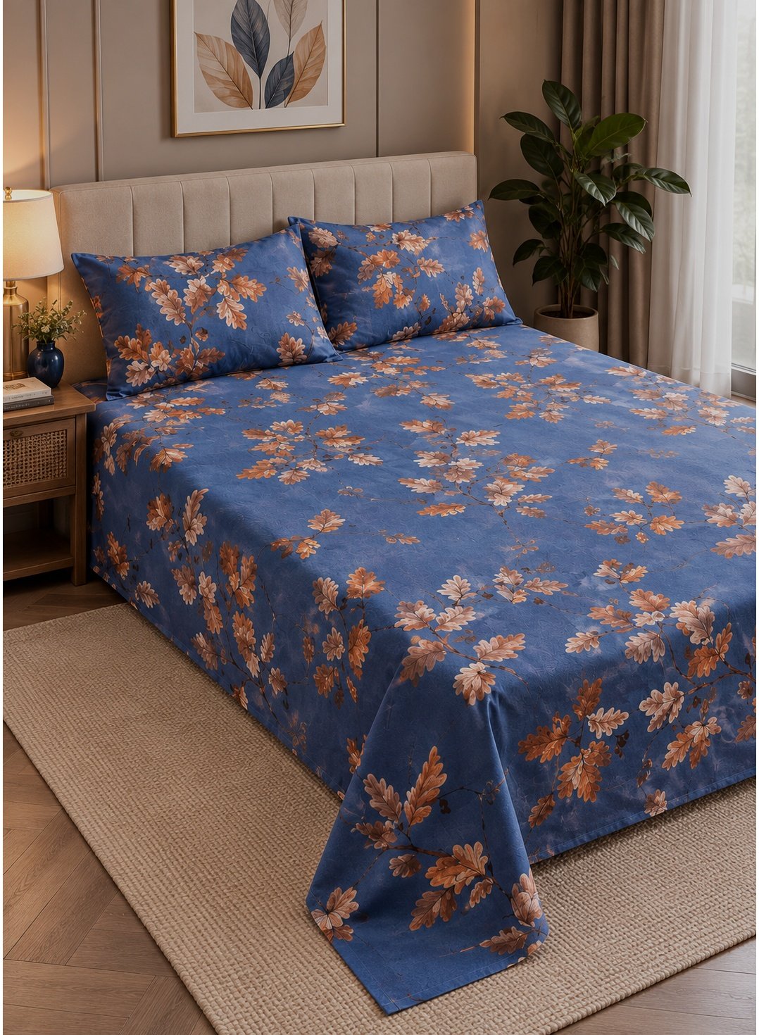 b27d79eb-5fed-4474-b809-cf8501cd7edf.jpeg 3-Piece King Size Bed Sheet Set - 150 GSM Premium Microfiber Bedding with Elegant Oak Leaf & Acorn Print on Denim Blue, Includes 1 Flat Sheet (270x250 CM) & 2 Matching Pillowcases (50x75 CM) - Image 1