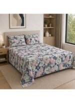 Ever Home Premium 125 GSM Ultra-Soft Flat Bed Sheet Set/Midnight Blue & Blush Floral Foliage Print/Complete 3-Piece Bedding with 2 Pillow shams/King 270x240 CM - Image 2