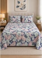 Ever Home Premium 125 GSM Ultra-Soft Flat Bed Sheet Set/Midnight Blue & Blush Floral Foliage Print/Complete 3-Piece Bedding with 2 Pillow shams/King 270x240 CM