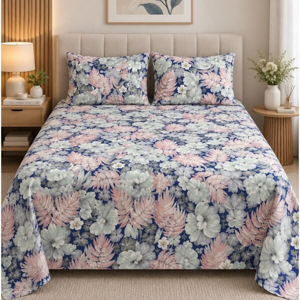 Ever Home Premium 125 GSM Ultra-Soft Flat Bed Sheet Set/Midnight Blue & Blush Floral Foliage Print/Complete 3-Piece Bedding with 2 Pillow shams/King 270x240 CM