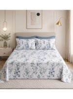Ever Home Ultra-Soft Brushed Microfiber King Flat Bed Sheet Set (270 x 250 CM) – Elegant Blue Watercolor Floral Botanical Print with 2 Pillow Shams, Lightweight & Breathable All-Season Bedding - Image 2