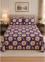 Ever Home Premium 125 GSM Ultra-Soft Flat Bed Sheet Set/Royal Blue & Gold Vintage Medallion Floral Print/Complete 3-Piece Bedding with 2 Pillow shams/King 270x240 CM