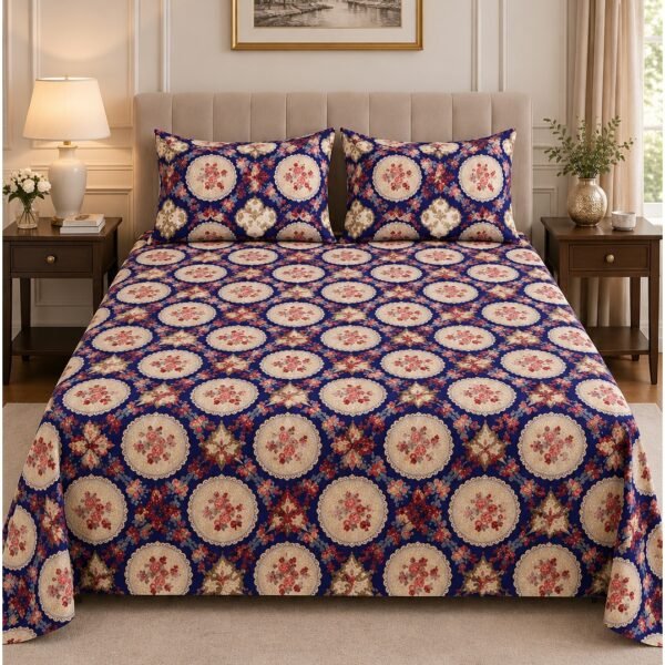 Ever Home Premium 125 GSM Ultra-Soft Flat Bed Sheet Set/Royal Blue & Gold Vintage Medallion Floral Print/Complete 3-Piece Bedding with 2 Pillow shams/King 270x240 CM