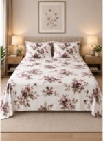 Ever Home 3-Piece Luxury Flat Sheet Package/Romantic Dusty Rose & Lilac Blossom Garden Design / 125 GSM Silk-Touch Breathable Fabric/King Size 270x240 CM with 2 Pillow Cases