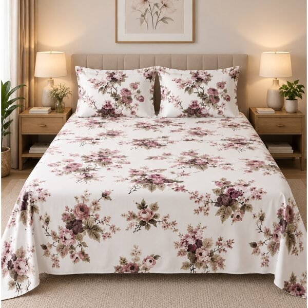 Ever Home 3-Piece Luxury Flat Sheet Package/Romantic Dusty Rose & Lilac Blossom Garden Design / 125 GSM Silk-Touch Breathable Fabric/King Size 270x240 CM with 2 Pillow Cases