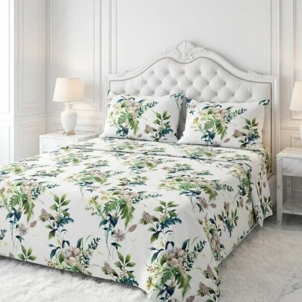 Ever Home Botanical Floral & Leaf Print White King Flat Bed Sheet Set, Luxury 125 GSM Soft Breathable Fabric, Nature-Inspired Designer Bedding with 2 Pillowcases, 270x240 CM