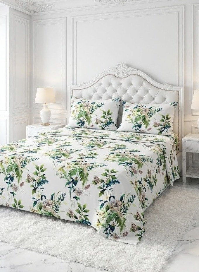 be524028-c83f-43b8-a223-c4dab79b0b58.jpeg Ever Home Botanical Floral & Leaf Print White King Flat Bed Sheet Set, Luxury 125 GSM Soft Breathable Fabric, Nature-Inspired Designer Bedding with 2 Pillowcases, 270x240 CM - Image 1