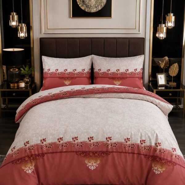 Ever Home Luxury Brushed Microfiber King Flat Sheet Set (270 x 250 CM) – Royal Rust Red & Beige Ethnic Damask Border Print with 2 Pillow Covers, Silky-Soft & Breathable Bedding