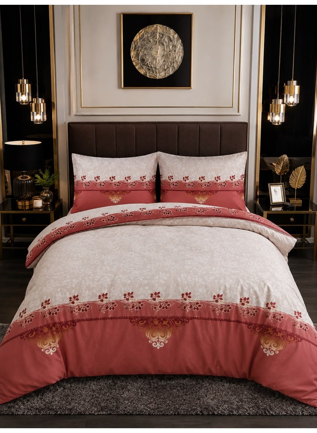 bf298cca-5658-42c0-b22a-d1752f684ee4.jpg Ever Home Luxury Brushed Microfiber King Flat Sheet Set (270 x 250 CM) – Royal Rust Red & Beige Ethnic Damask Border Print with 2 Pillow Covers, Silky-Soft & Breathable Bedding - Image 1