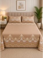 Ever Home Luxury Brushed Microfiber King Flat Sheet Set (270 x 250 CM) – Elegant Warm Beige Baroque Gold Border Print with 2 Pillow Covers, Silky-Soft & Breathable Bedding
