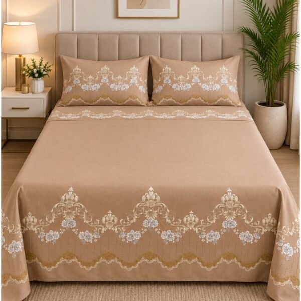 Ever Home Luxury Brushed Microfiber King Flat Sheet Set (270 x 250 CM) – Elegant Warm Beige Baroque Gold Border Print with 2 Pillow Covers, Silky-Soft & Breathable Bedding