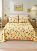 3-Piece King Size Bed Sheet Set - 150 GSM Premium Microfiber Bedding with Cheerful Sunflower Daisy Print on Yellow, Includes 1 Flat Sheet (270x250 CM) & 2 Matching Pillowcases (50x75 CM)