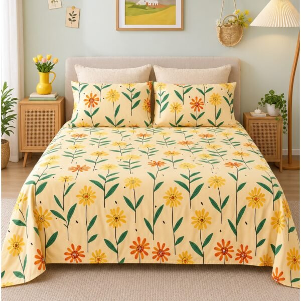 3-Piece King Size Bed Sheet Set - 150 GSM Premium Microfiber Bedding with Cheerful Sunflower Daisy Print on Yellow, Includes 1 Flat Sheet (270x250 CM) & 2 Matching Pillowcases (50x75 CM)