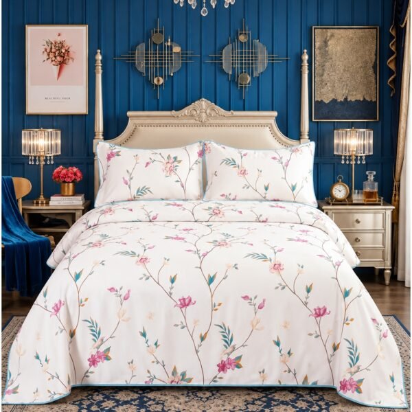 3-Piece King Size Flat Bed Sheet Set - 150 GSM Soft Microfiber Bedding with Classic Floral Print, Includes 1 Flat Sheet (270x250 CM) & 2 Pillowcases (50x75 CM)