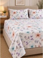 Ever Home Ultra-Soft Microfiber King Flat Sheet Set (270 x 250 CM) – Pastel Daisy & Wildflower Botanical Print with 2 Pillow Shams, Lightweight & Breathable All-Season Bedding