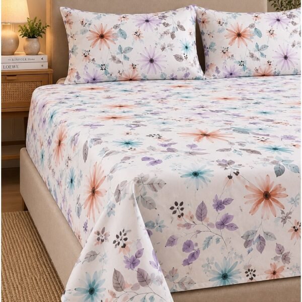 Ever Home Ultra-Soft Microfiber King Flat Sheet Set (270 x 250 CM) – Pastel Daisy & Wildflower Botanical Print with 2 Pillow Shams, Lightweight & Breathable All-Season Bedding