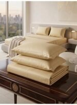 Premium Hotel-Grade King Flat Bed Sheet Set - Luxury Bedding with 300 TC & 1cm Stripe in Golden Beige, 280x270 CM - Image 3