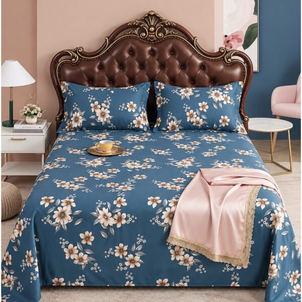 3-Piece King Size Flat Bed Sheet Set - 150 GSM Soft Microfiber Bedding with Elegant Vintage Floral Print on Deep Blue, Includes 1 Flat Sheet (270x250 CM) & 2 Pillowcases (50x75 CM)