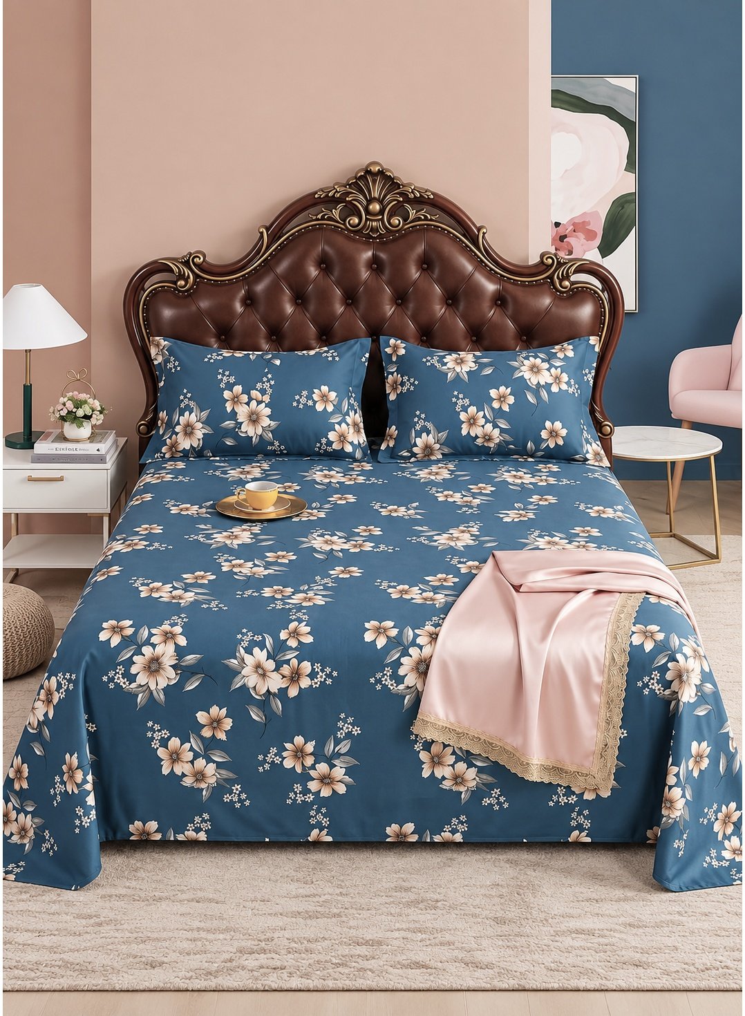 c61589f3-5a2e-4a8a-bffa-3a74bf7200d6.jpeg 3-Piece King Size Flat Bed Sheet Set - 150 GSM Soft Microfiber Bedding with Elegant Vintage Floral Print on Deep Blue, Includes 1 Flat Sheet (270x250 CM) & 2 Pillowcases (50x75 CM) - Image 1