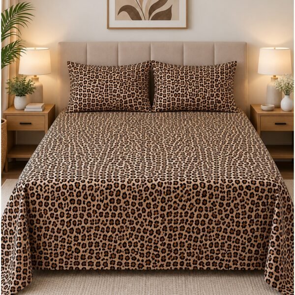 Ever Home Premium 125 GSM Ultra-Soft Flat Bed Sheet Set/Bold Animal Print Leopard Pattern in Brown & Black/Complete 3-Piece Bedding with 2 Pillow shams/King 270x240 CM