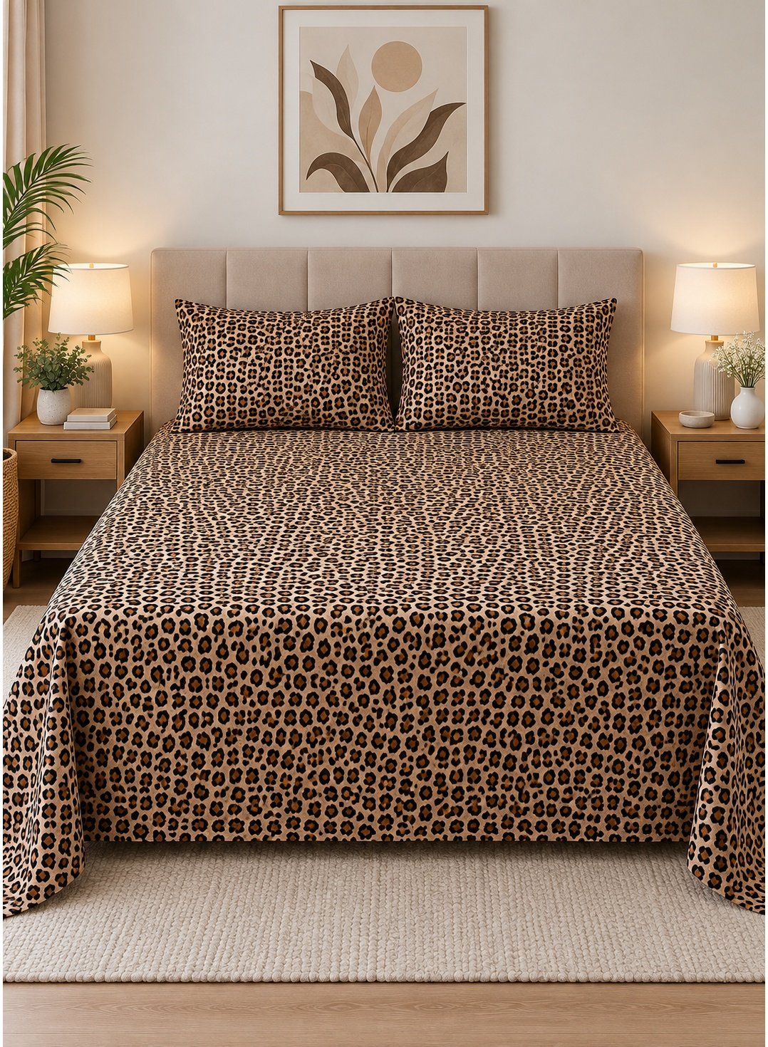 c6b272a7-cb6c-477d-820f-301d3b6cdcea.jpeg Ever Home Premium 125 GSM Ultra-Soft Flat Bed Sheet Set/Bold Animal Print Leopard Pattern in Brown & Black/Complete 3-Piece Bedding with 2 Pillow shams/King 270x240 CM - Image 1