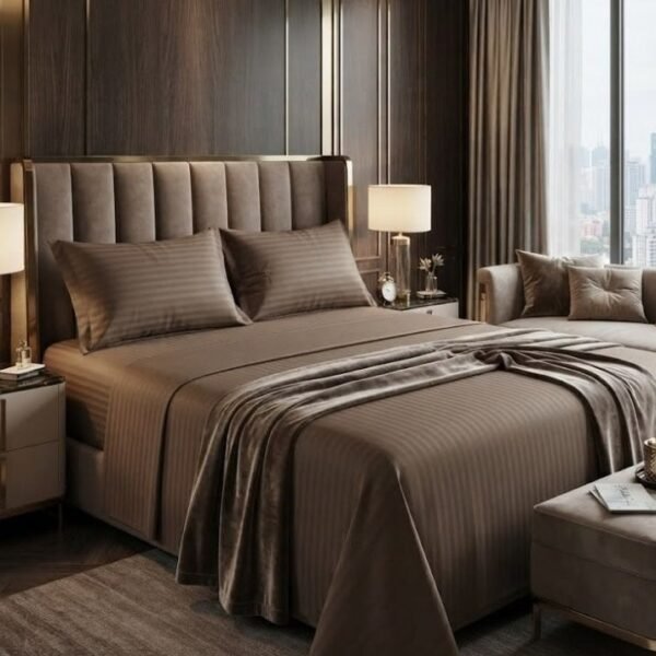 Elegant Hotel-Style King Flat Bed Sheet - Soft Fabric with 90 GSM Feel & 1cm Satin Stripes in Rich Royal Brown, 250x270 CM Set (Brown, King)
