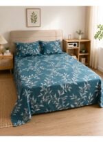 Ever Home Luxury Brushed Microfiber King Flat Sheet Set (270 x 250 CM) – Teal Green White Botanical Leaf Print with 2 Pillow Covers, Silky-Soft & Breathable Bedding - Image 2