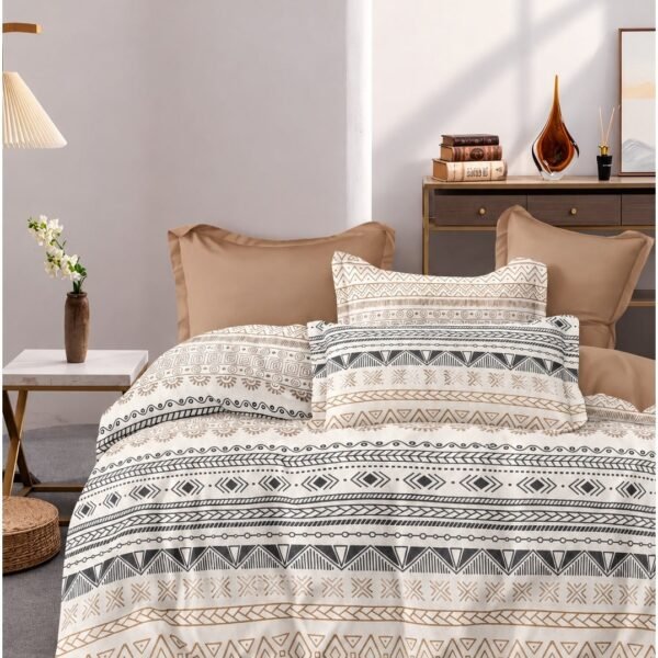 Ever Home 90 GSM Printed Microfiber Flat Bed Sheet Set - King Size (270 x 250 CM) with 1 Flat Sheet and 2 Pillow Covers (50 x 75 CM), Tribal Geometric Ethnic Pattern, Beige & Grey