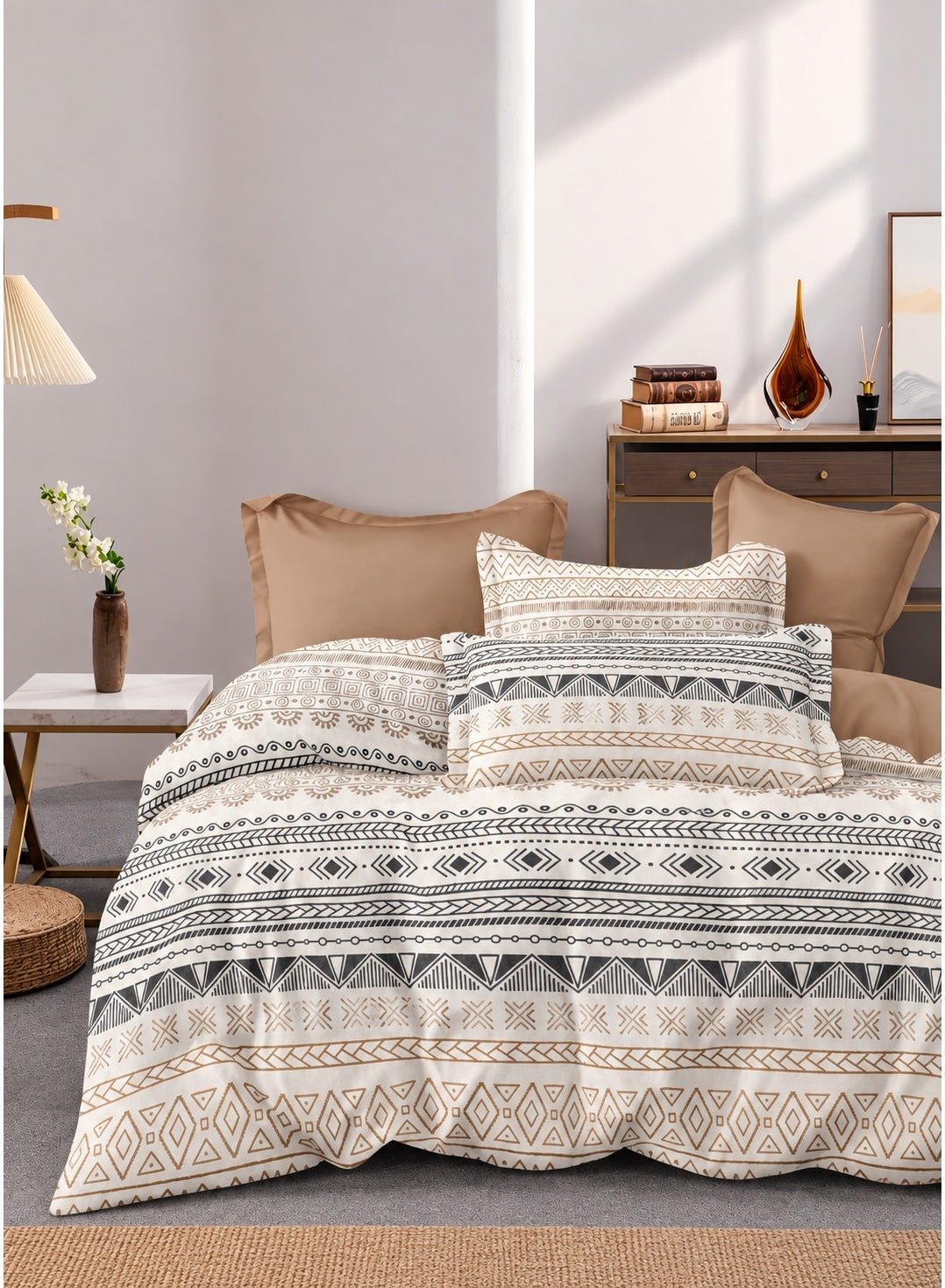 ca984876-12ab-48de-97d3-160501f9fffd.jpg Ever Home 90 GSM Printed Microfiber Flat Bed Sheet Set - King Size (270 x 250 CM) with 1 Flat Sheet and 2 Pillow Covers (50 x 75 CM), Tribal Geometric Ethnic Pattern, Beige & Grey - Image 1