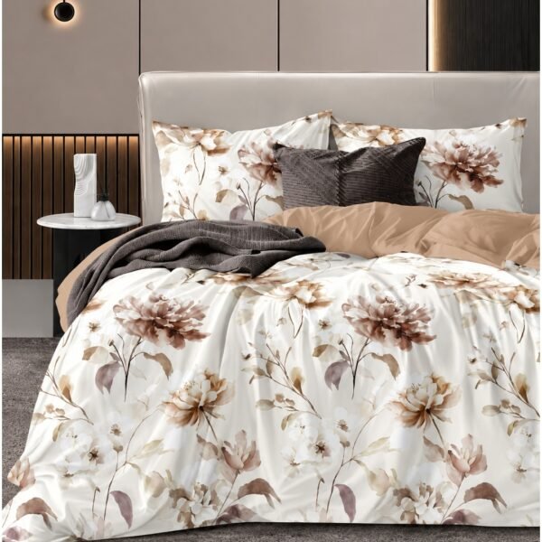 Ever Home Luxury Brushed Microfiber King Flat Sheet Set (270 x 250 CM) – Earthy Brown Peony Floral Botanical Print with 2 Matching Pillow Shams, Silky-Soft & Breathable Bedding