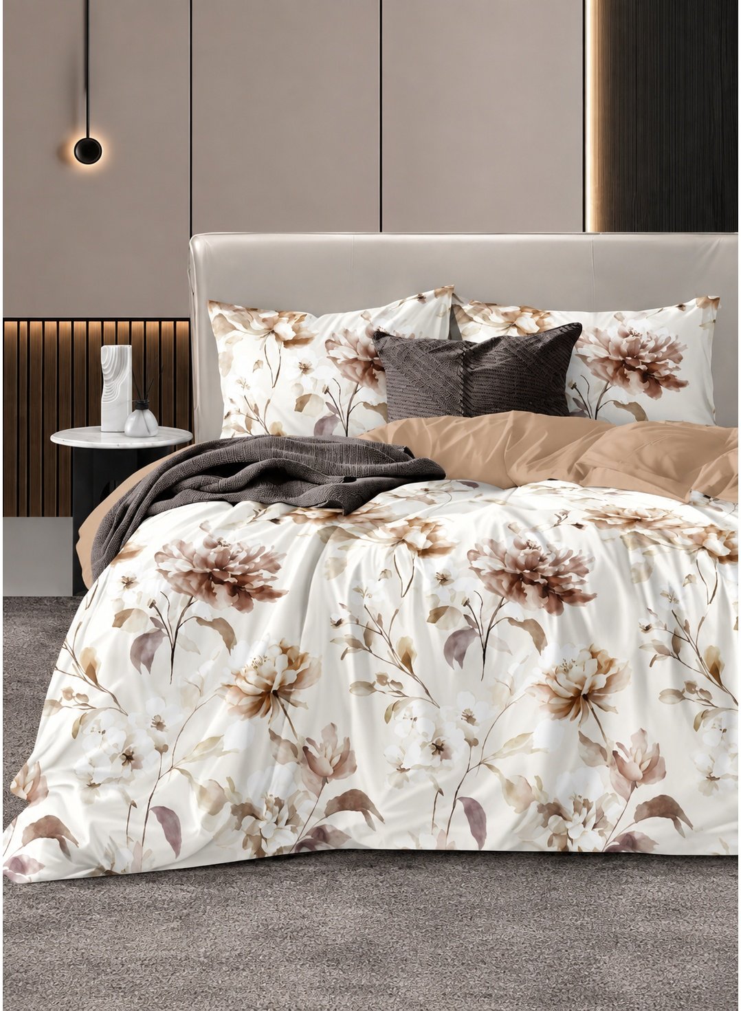 cbb9aea3-f1a3-45da-a392-56b1580723e9.jpeg Ever Home Luxury Brushed Microfiber King Flat Sheet Set (270 x 250 CM) – Earthy Brown Peony Floral Botanical Print with 2 Matching Pillow Shams, Silky-Soft & Breathable Bedding - Image 1